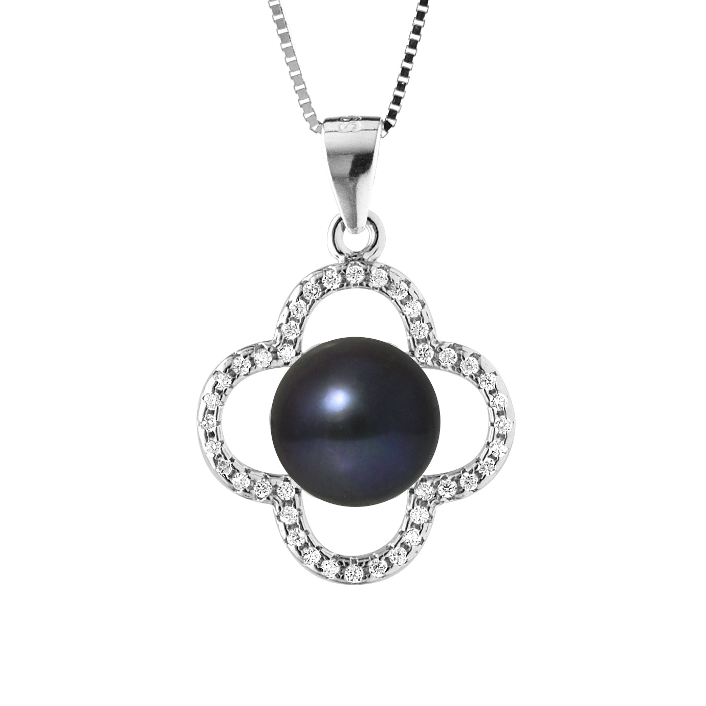 PERLINEA- Collier TrŠfle- Perle de Culture d'Eau Douce- Diamètre 9-10 mm Black Tahiti- Bijou Femme- Argent 925 Millièmes