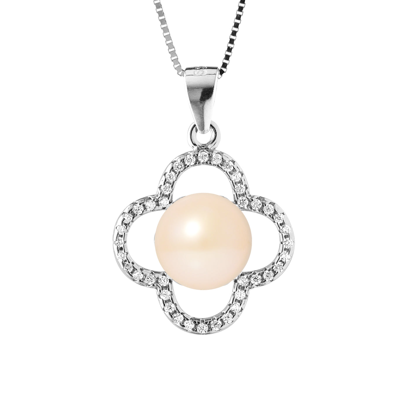 PERLINEA- Collier TrŠfle- Perle de Culture d'Eau Douce- Diamètre 9-10 mm- Rose- Bijou Femme- Argent 925 Millièmes