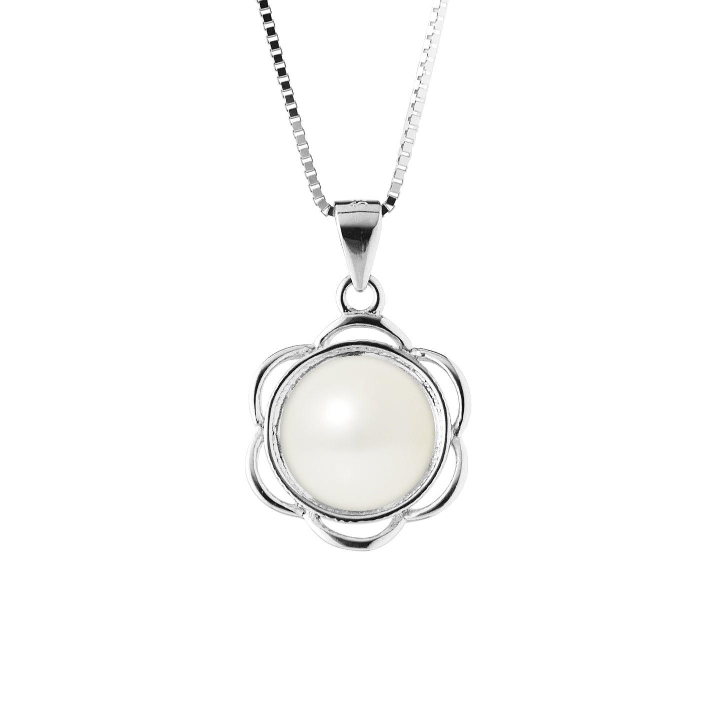 PERLINEA- Collier Fleur- Perle de Culture d'Eau Douce  Bouton 8-9 mm Blanc- Bijou Femme- Argent 925 Millièmes