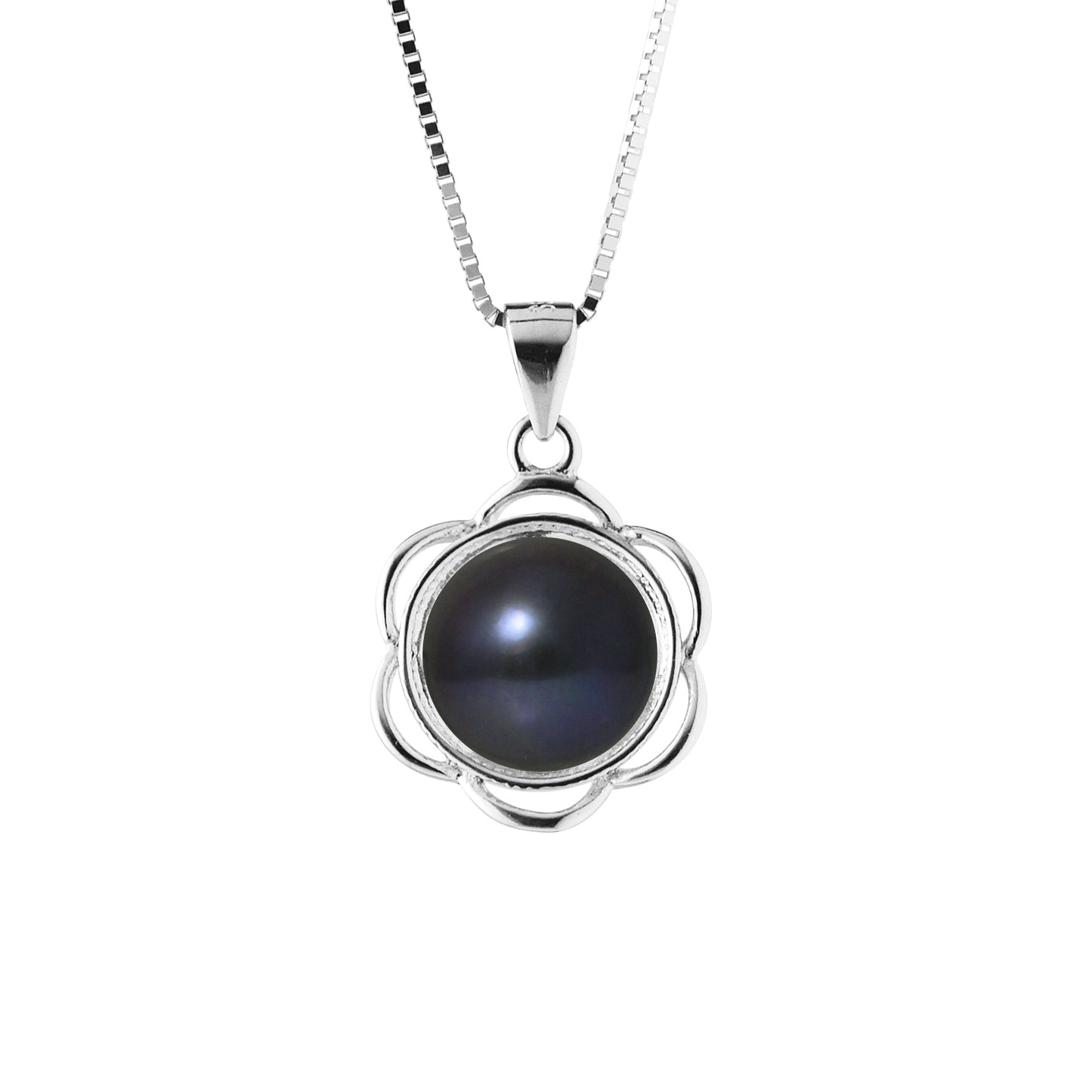 PERLINEA- Collier Fleur- Perle de Culture d'Eau Douce  Bouton 8-9 mm Black Tahiti- Bijou Femme- Argent 925 Millièmes